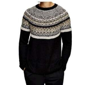 Topman Men's Textured Fair Isle Crew Neck Sweater Black Cream Taupe Size M NWT